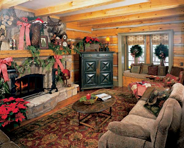 Log home living room at Christmas
